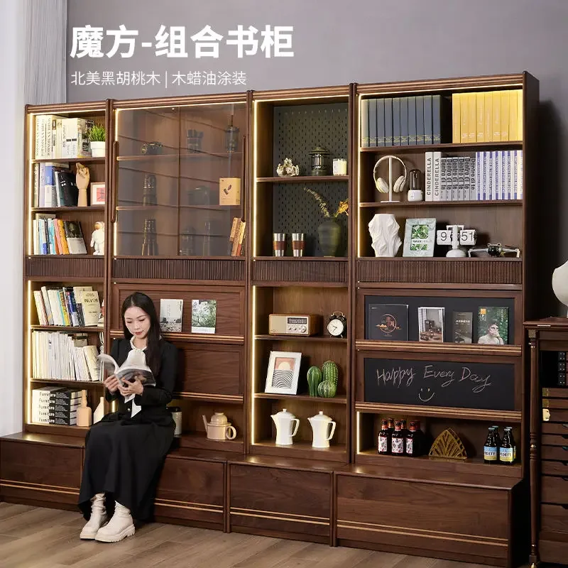 North American black walnut solid wood bookcase, storage, living room whole wall combination cabinet, household floor bookshelf