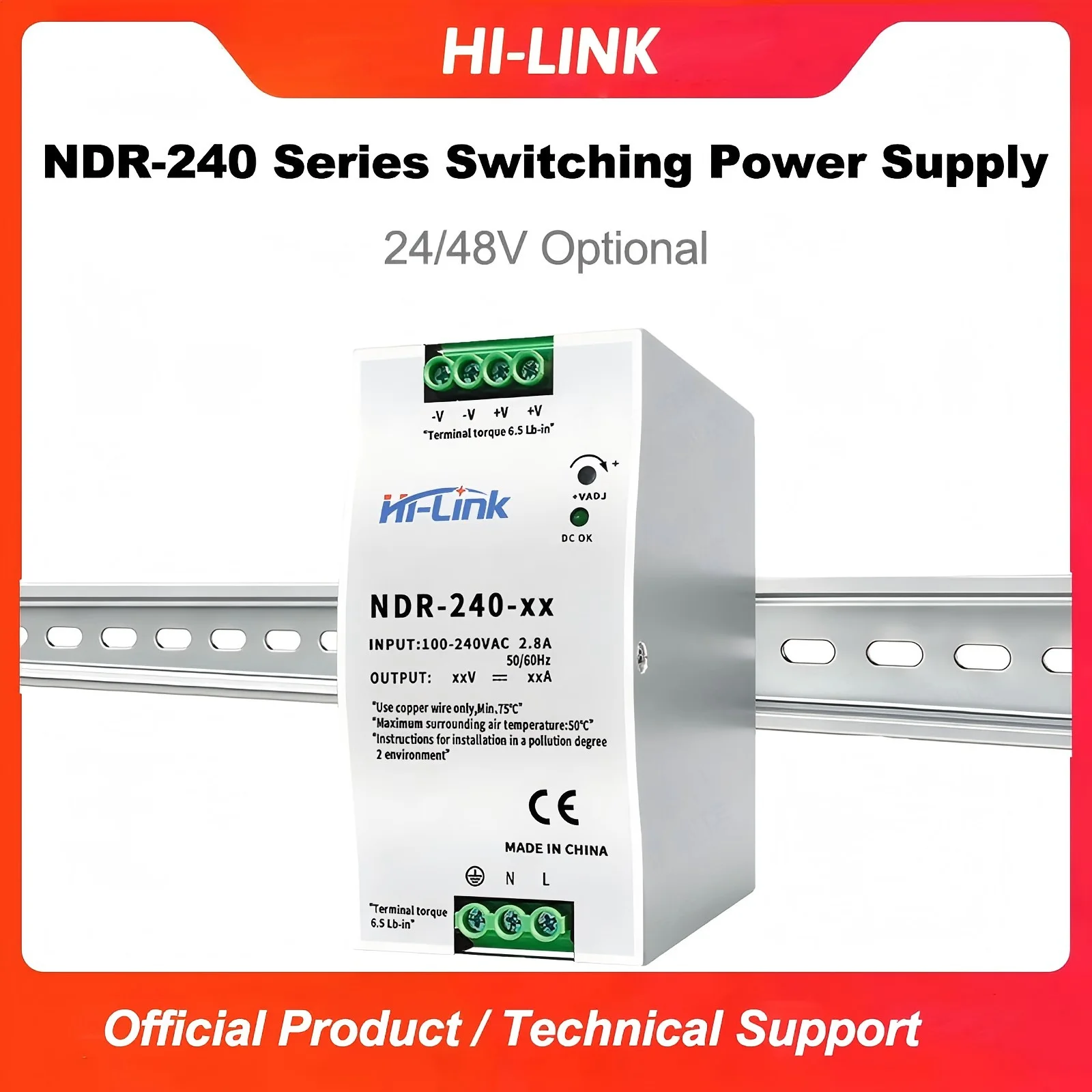 HI-LINK NDR-240 Series DIN Rail Switching Power Supply 24V 10A /48V 5A 240W 100-240VAC Input Industrial DC Power Supply