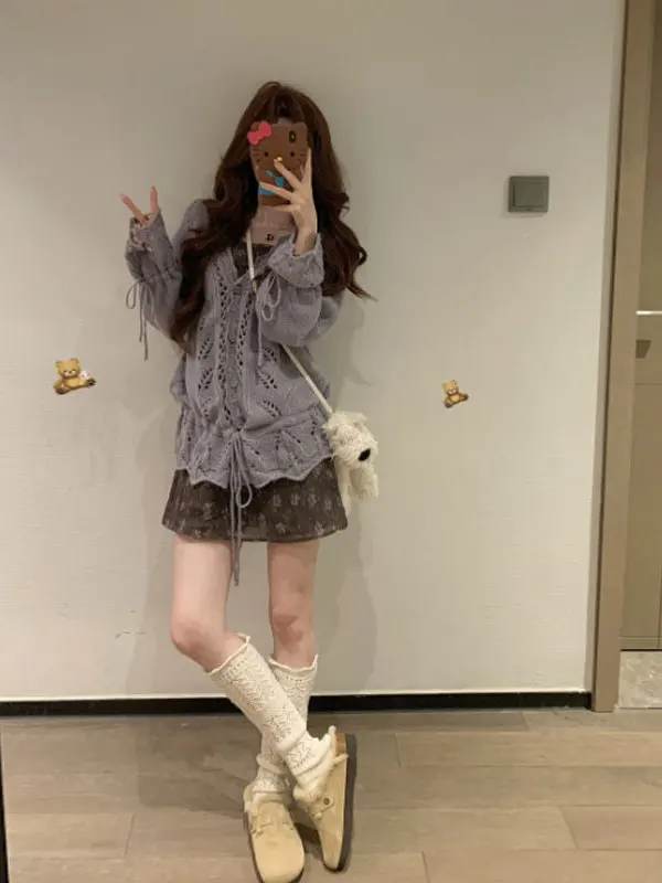 

Retro Unique Knitted Floral Print Dress And Cardigan Set Spring Comfortable Fashion Women's Clothing Short Sleeve V-Neck Dress