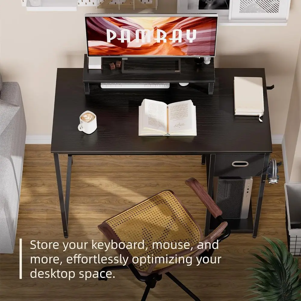 39 Inch Computer Desk with Monitor Stand Small Home Office Desks with Non-Woven Storage Drawer for Bedroom Study Table Writing a