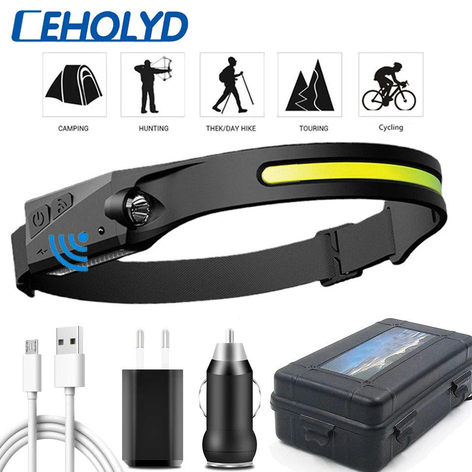 COB LED Headlamp Sensor Headlight with Built-in Battery Flashlight USB Rechargeable Head Lamp Torch 5 Lighting Modes Ceholyd