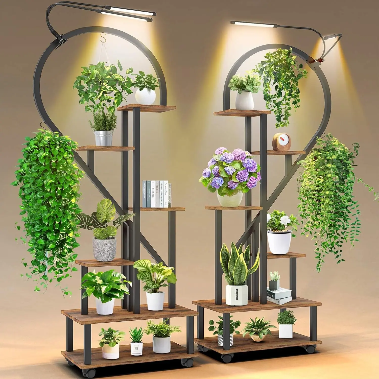 Metal Plant Stand with Grow Light, 6 Tier Tall Plant Stands Indoor with Wheels, Heart Shaped Ladder Plant Shelf