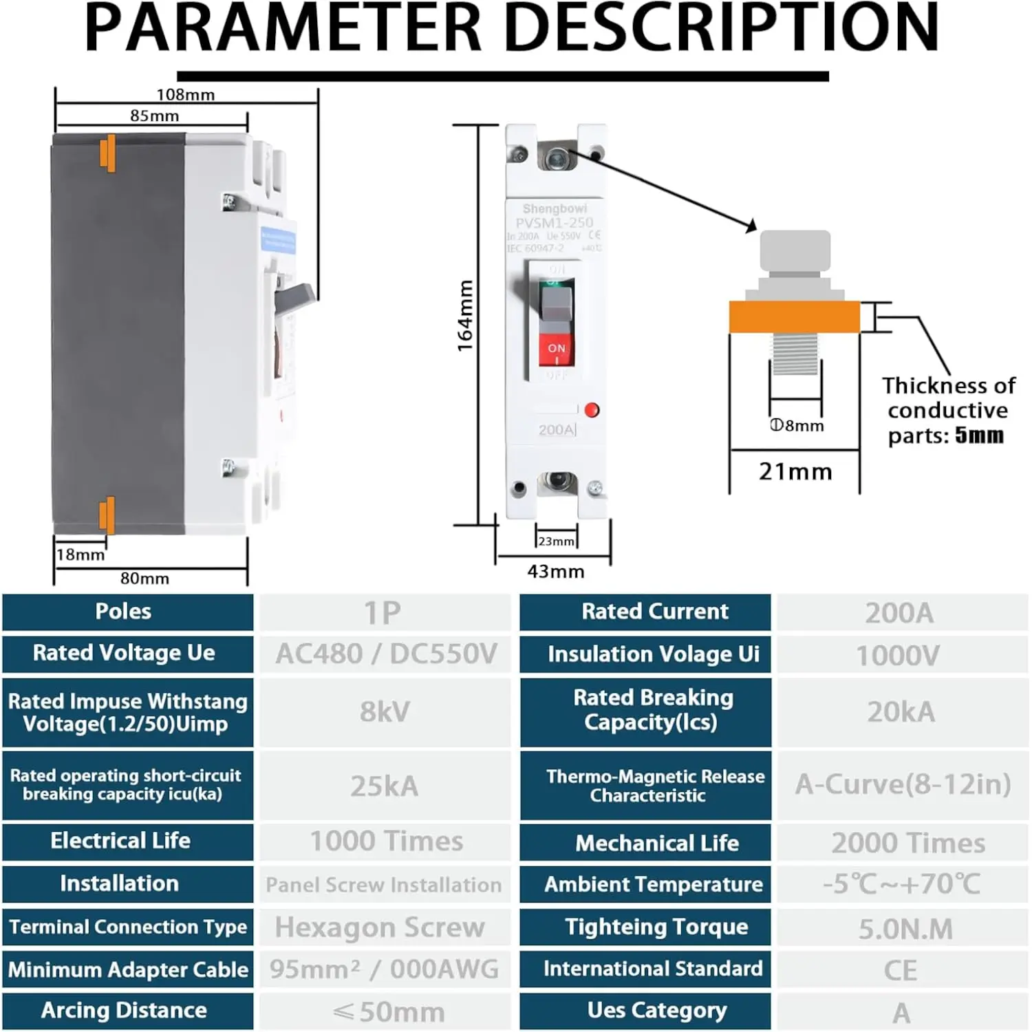 Main DC 200 Amp Circuit Breaker AC Disconnect Switch 1 Poles 550V Battery Thermal Magnetic Trip Power Solar UPS Station