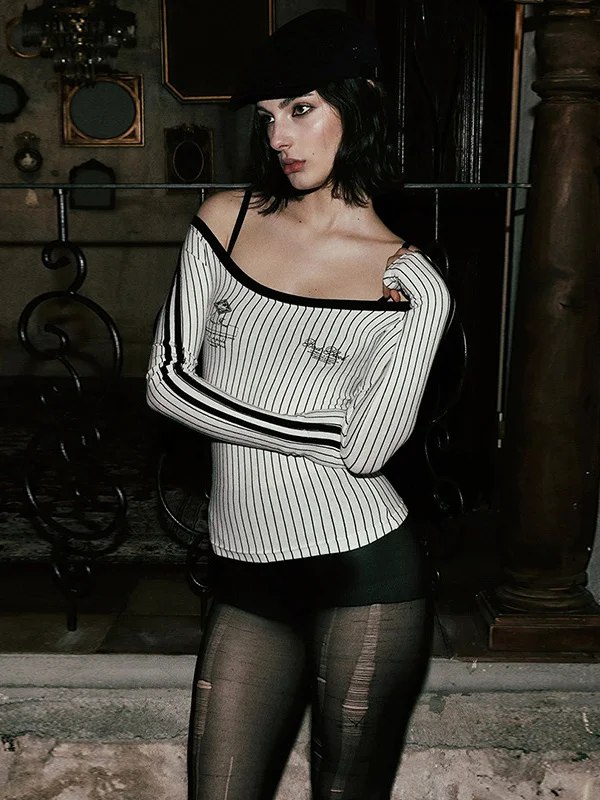 슬림핏 스트라이프 원숄더 롱 슬리브 티셔츠 레트로 아메리칸 스타일 섹시한 여성 순수한 욕망 트렌디 여성용 코튼 티셔츠