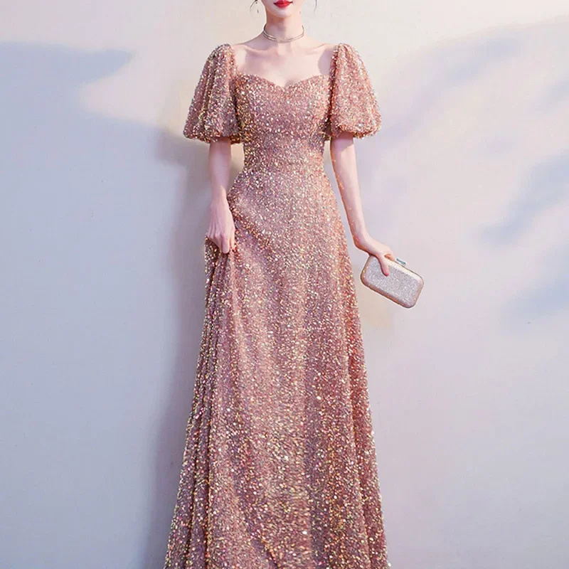 

Women's Elegant U-Neck Evening Dress Floor-Length Formal Prom Party Gown with Sequins Short Sleeve Y2K Luxury Fashion 2025