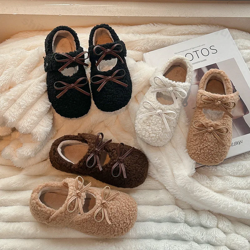 2024 Winter New Children Flats Fur Cover Toe Light Warm Kids Fahsion Bowknot Casual Shoe Plush Non-slip Leisure Mary Jane Shoes