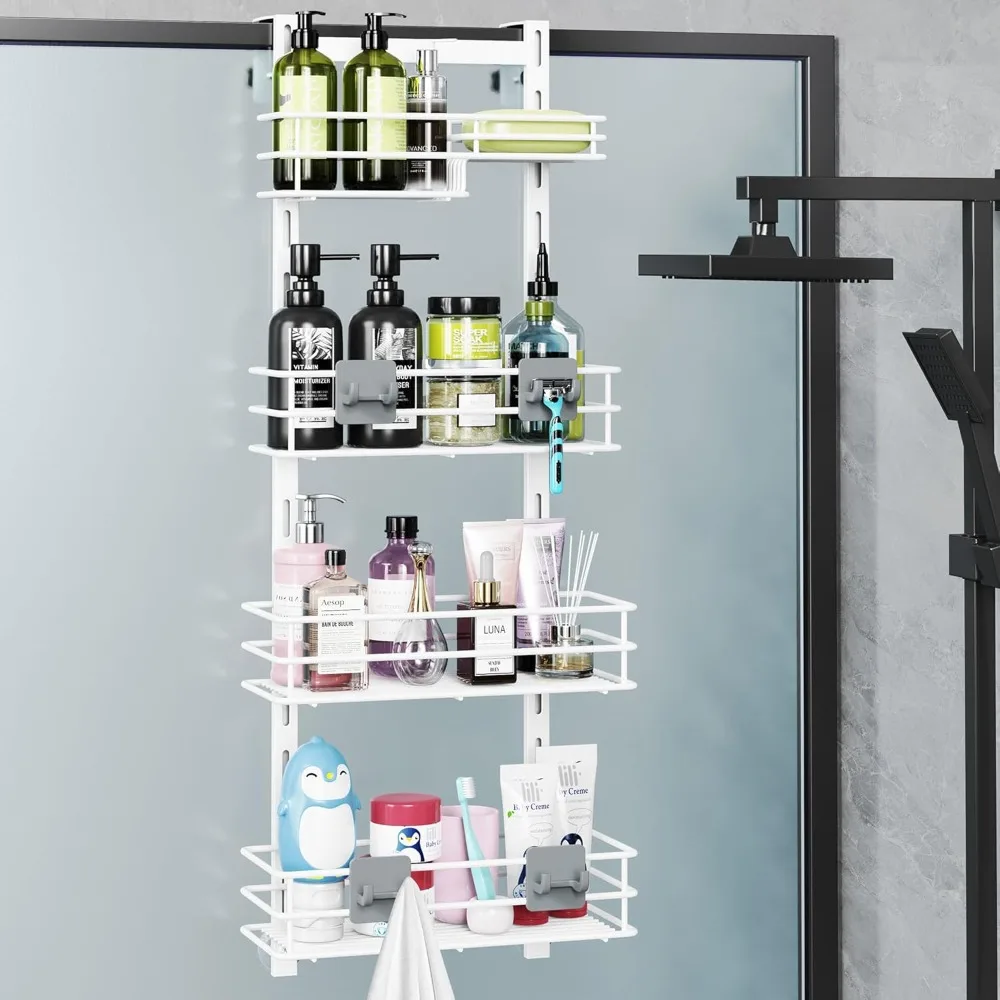 

Tool Over The Door Shower Caddy Adjustable 4 Tier White,Bathroom Hanging Organizer Shelf Rustproof with 4 Hooks