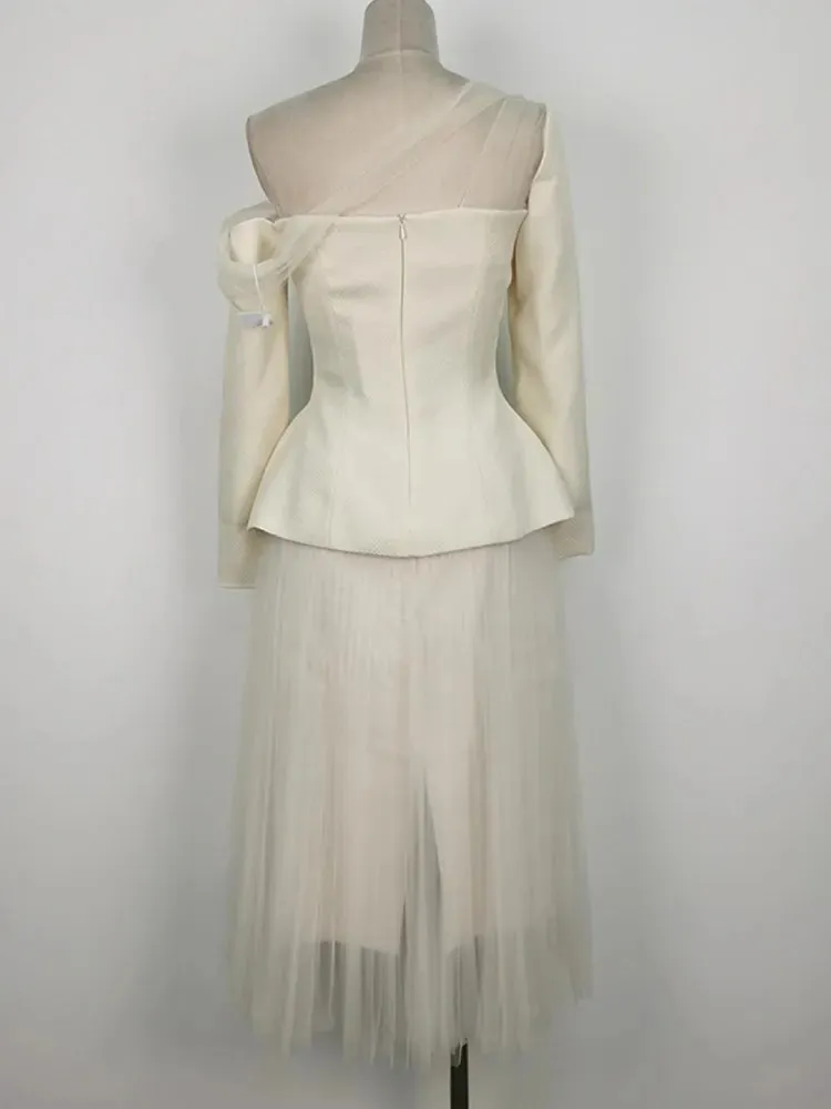 Vgh Effen Tweedelige Set Voor Vrouwen Diagonale Kraag Lange Mouw Gesplitst Knoopsluiting Top Hoge Taille Een Lijn Rok Temperament Sets Vrouw