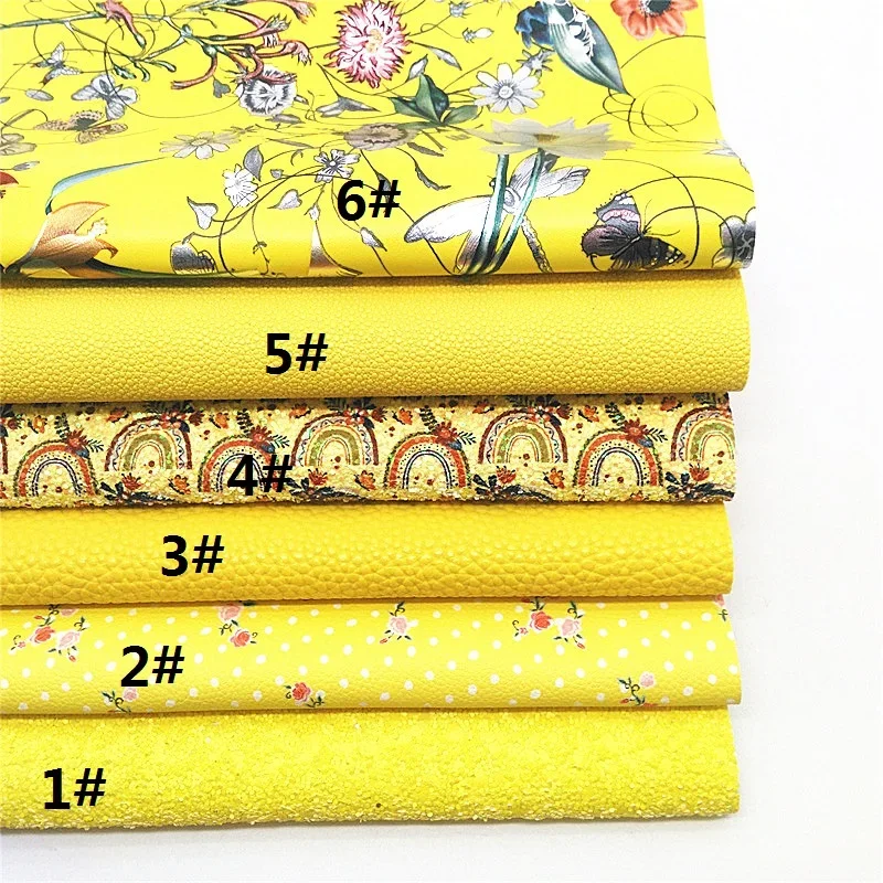 Yellow Glitter Leather Rainbow Custom Glitter Faux Fabric Flowers Polka Dots Litchi Faux Leather for DIY Craft 8.2