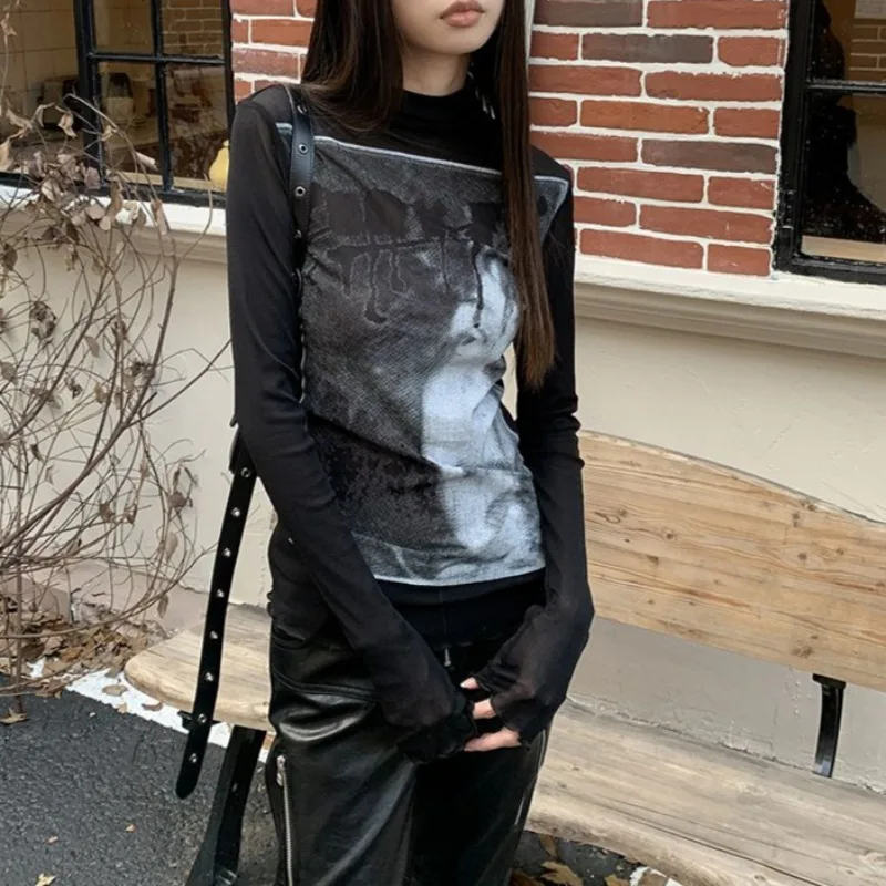 American Retro Character Print Black Long-sleeved T-shirt Women 2025 Autumn New Streetwear Sexy Slim All Match Mesh Tops