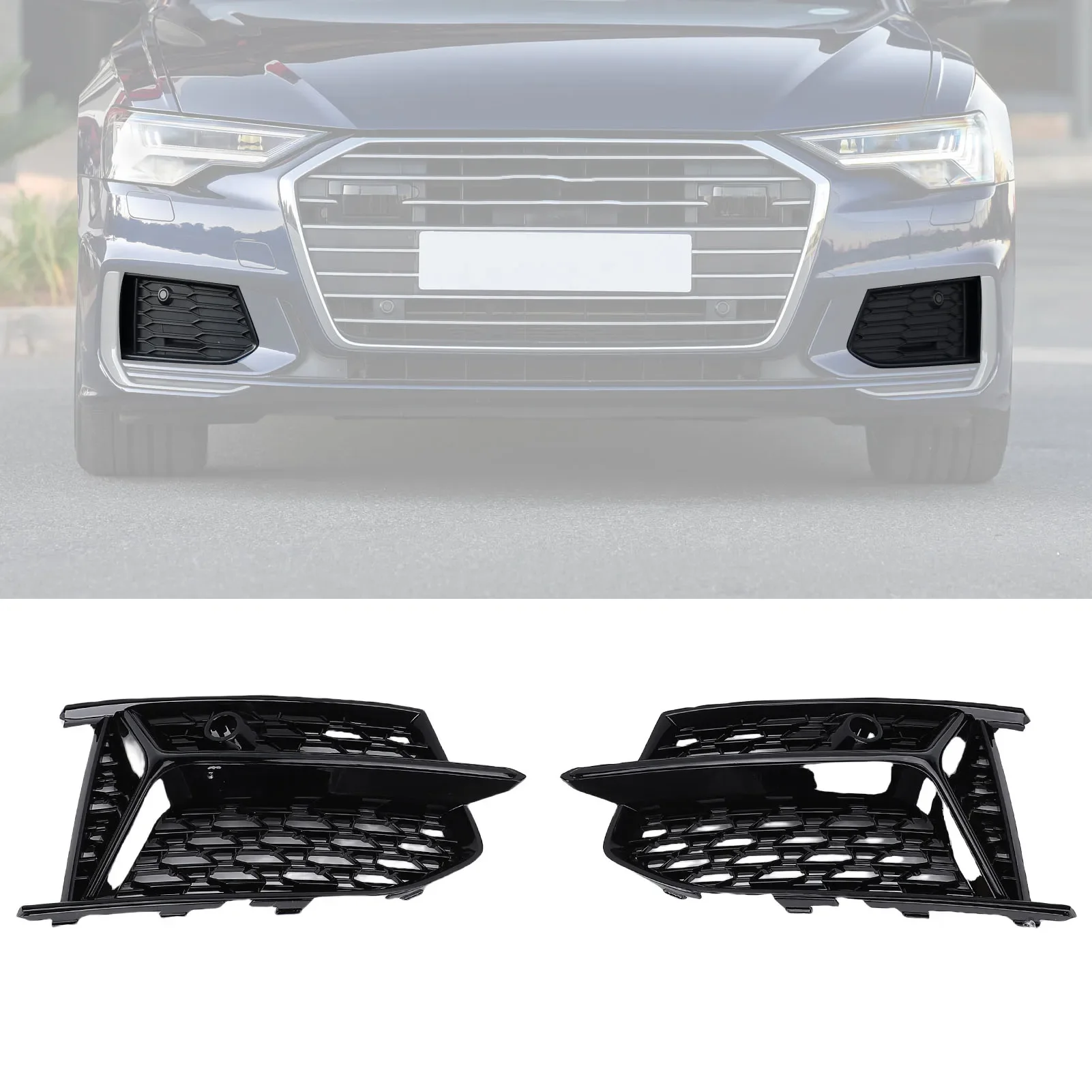Paar Frontstoßstangen-Nebelscheinwerfer-Grillabdeckungen 4K0807151A Nebelscheinwerfer-Lünette-Grill-Ersatz für Audi A6 S-Line S6 C8 2018–2025, Schwarz