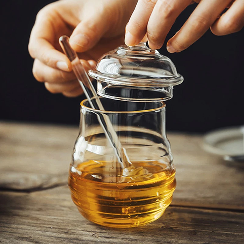 250ml Glass Honey Jar High Borosilicate Glass Honey Pot with Dipper Spoon Small Kitchen Storage Jar Container for Honey Syrup