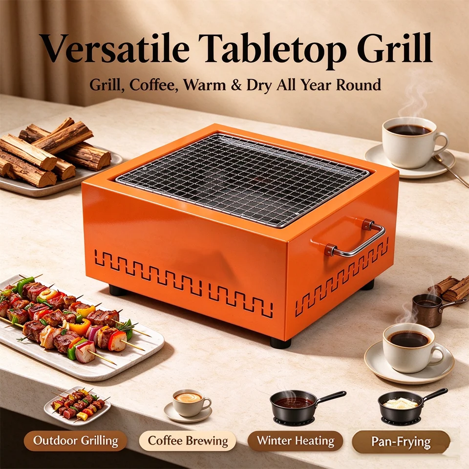 Multifunctional BBQ Grill & Fire Stove, Stylish Warm Color,Anti-Scald Design for BBQ, Heating, Drying Clothes & Coffee Brewing ﻿