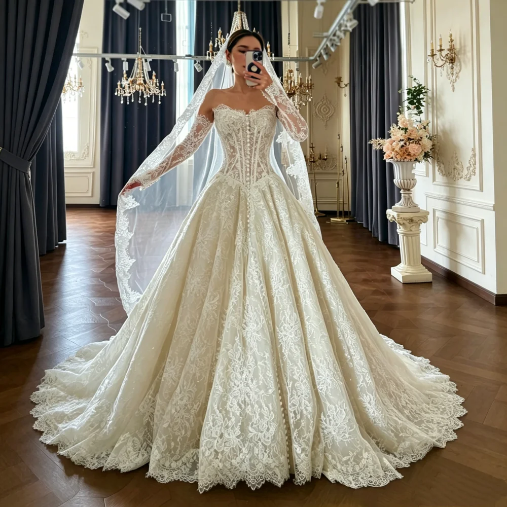 

Luxury Strapless Sweetheart Collar Lace Wedding Dress Virgin Mary Long Tail Bride Dress Romantic Ball Dress Customization