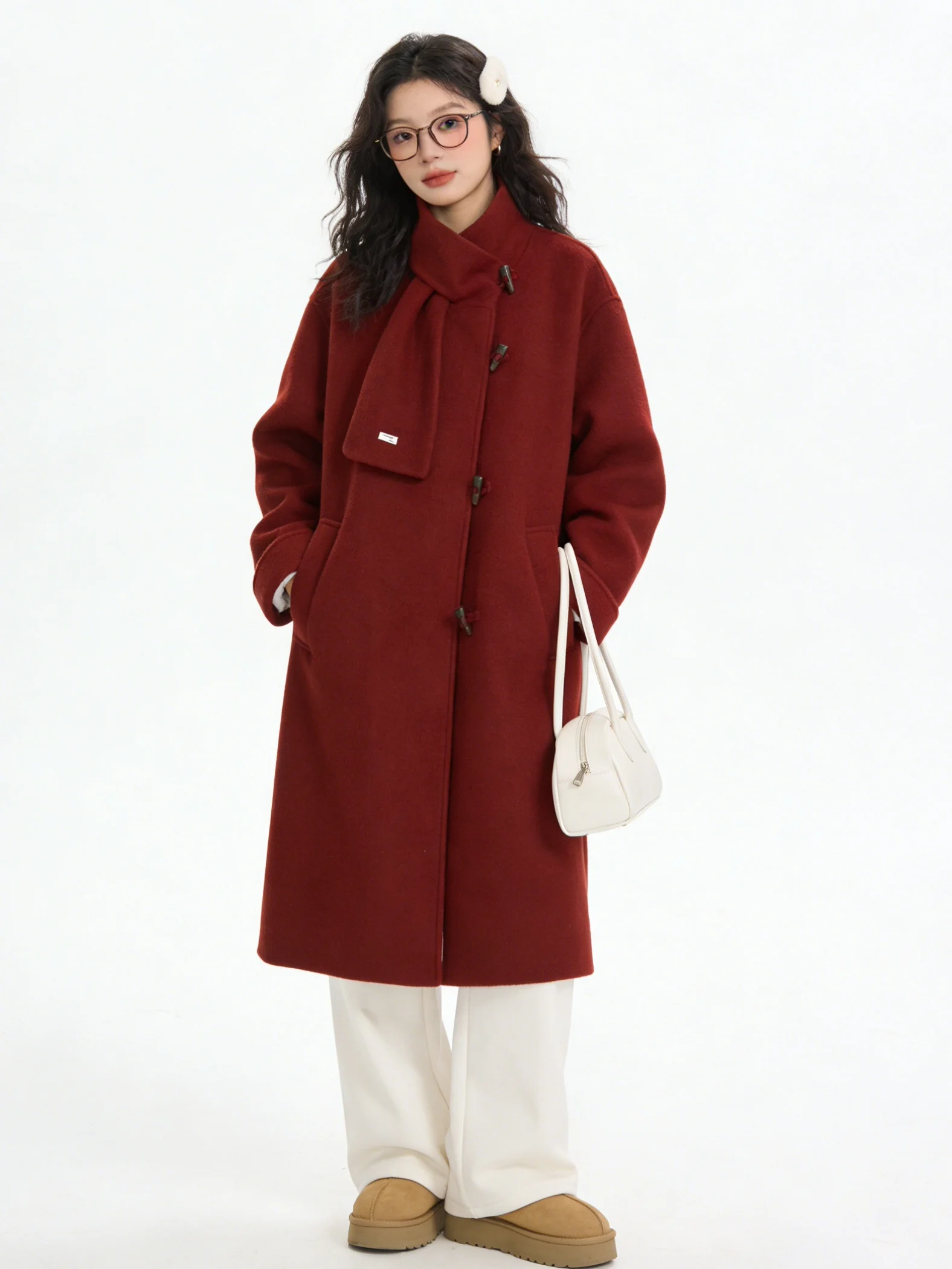 

Новое женское шерстяное пальто Ele Long Fce с подкладкой, красное, новогоднее, в корейском стиле, на пуговицах, теплое, с шарфом в комплекте, повседневное, прямого кроя