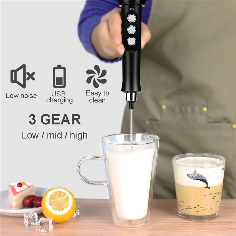 Electric Foamer Mixer Whisk Beater Stirrer 3-Speeds Coffee Milk Drink Frother USB Rechargeable Handheld Food Blender Whisk