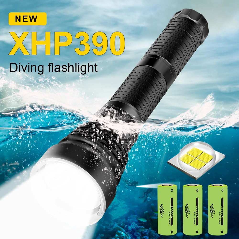 XHP390 الترا قوية قابلة للشحن Led الغوص مصباح يدوي طويل النار ضوء قوي تحت الماء فانوس كبير اليد الشعلة 18650/26650 الغوص المهنية مصباح يدوي ، مصباح الصيد الليلي ، الغوص 1000 متر