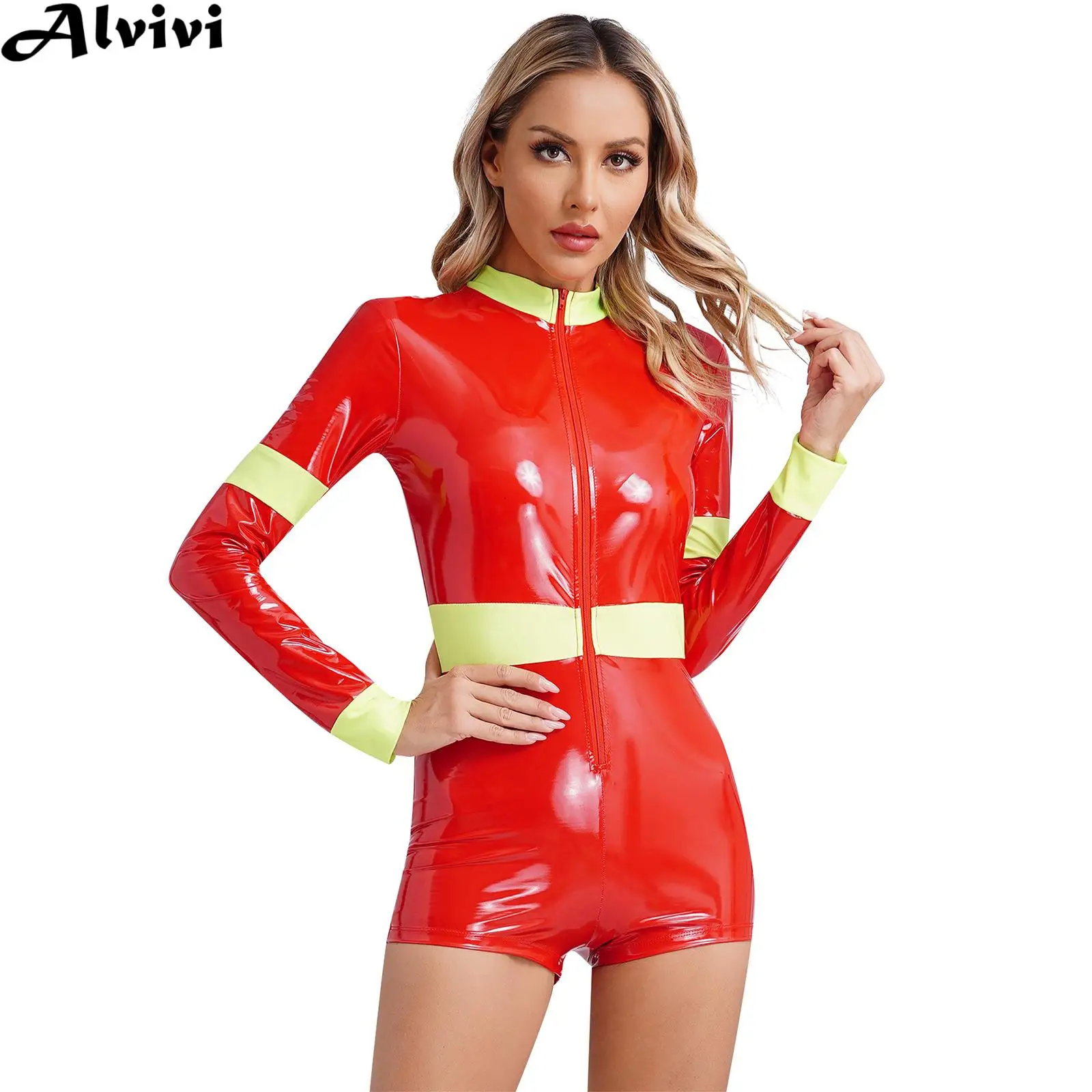 Women Long Sleeve Zipper Patent Leather Bodysuit Pole Dancing Show Jumpsuit Halloween Party Sexy Firefighter Cosplay Costume