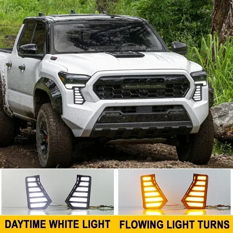 2pcs Car Daytime Running Lights Grille Air Intake Cover DRL Flowingt Turn Signals Lamps for Toyota Tacoma 2024