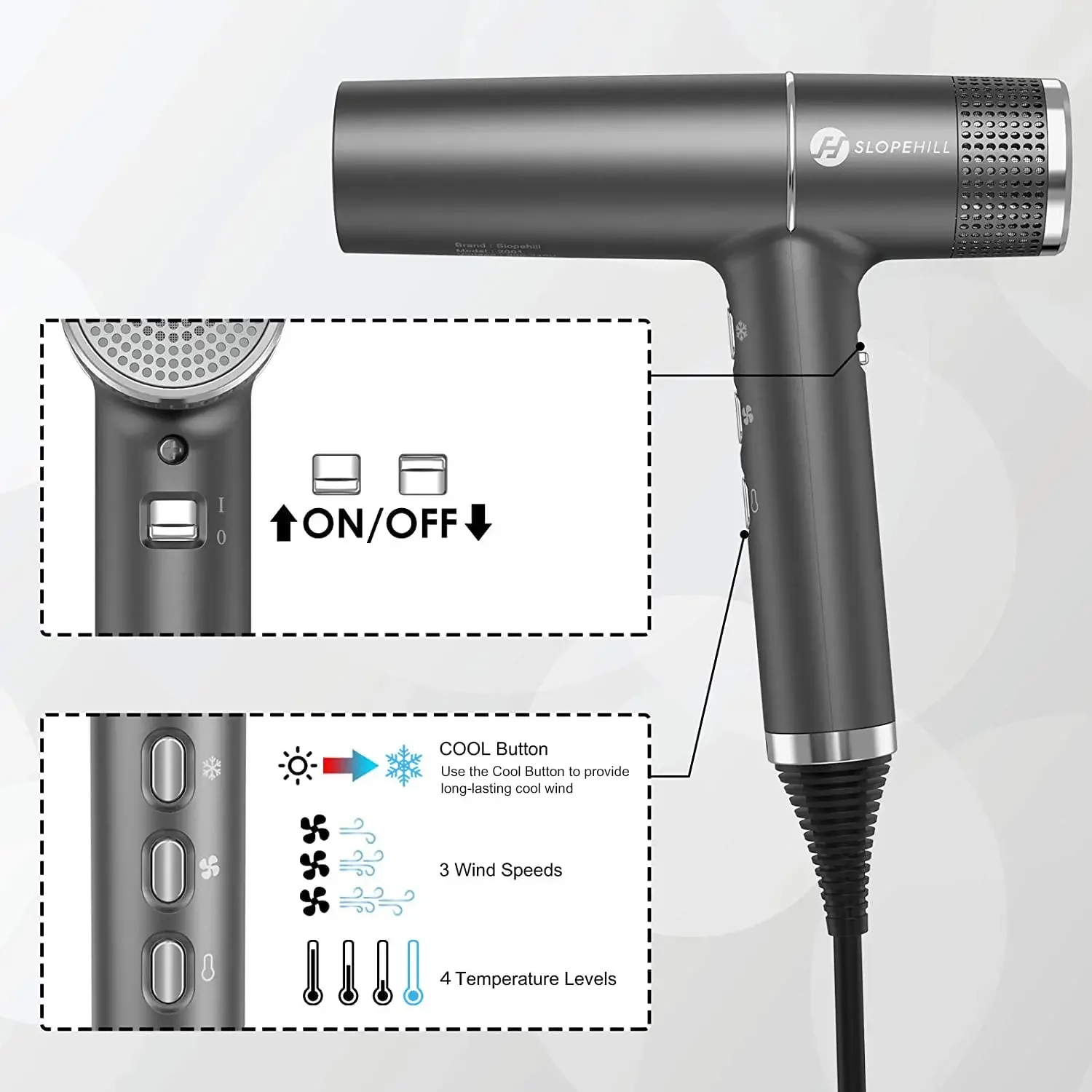 Sèche-cheveux avec moteur sans balais unique, diagnostic intelligent des défauts, micro-filtre innovant, technologie Oxy Active, disque LED