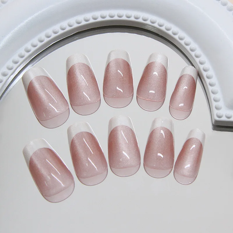 24 szt. Średnie Sztuczne Paznokcie z Ozdobami Proste Nude Kocie Oko Paznokcie Dociskane Francuskie Trumienki Paznokci Zdejmowane Letnie Paznokcie Samoprzylepne