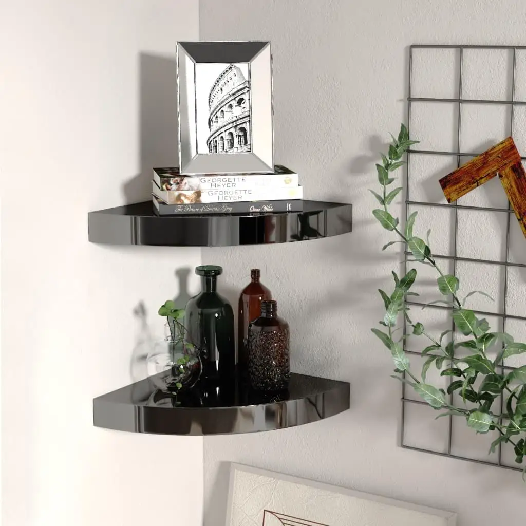 High Gloss Black Floating Corner Shelves - Set of 2, 25x25x3.8 cm MDF Storage Solution