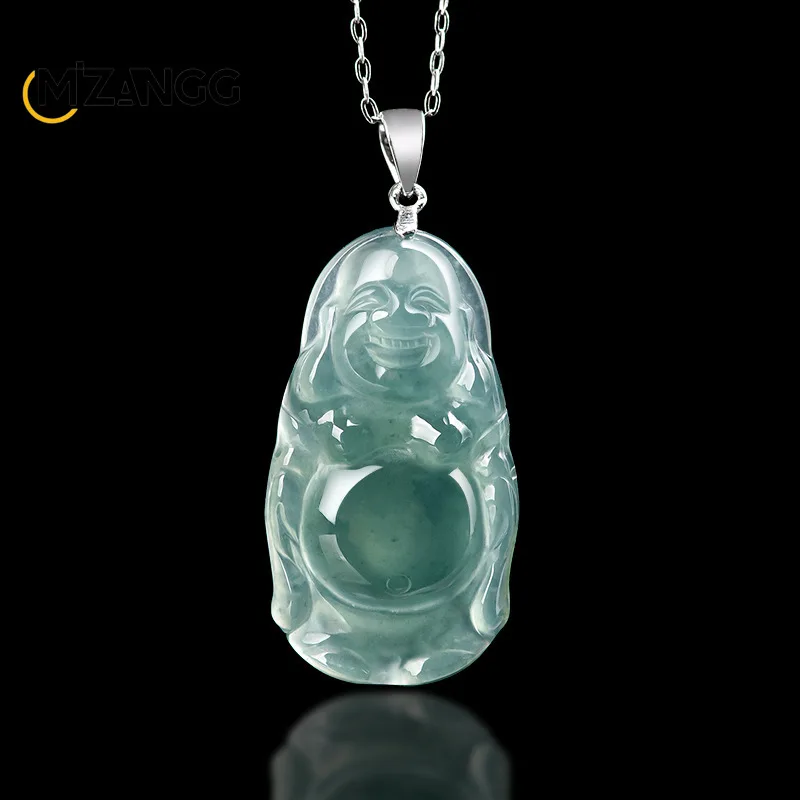 

Natural Jadeite Blue Water Buddha Gong Pendant S925 Silver Inlaid Ice Buddha Women's Jade Necklace Fashion Charm Jewelry Amulet