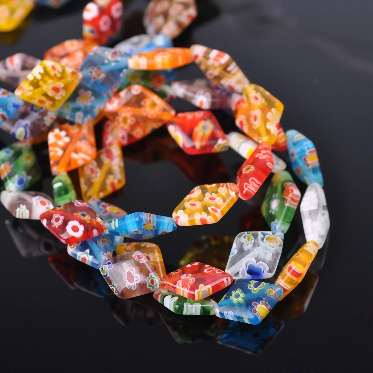 20pcs Random Mixed Flower Patterns Rhombus Shape 10x14mm 13x18mm Millefiori Lampwork Glass Loose Beads For Jewelry Making DIY