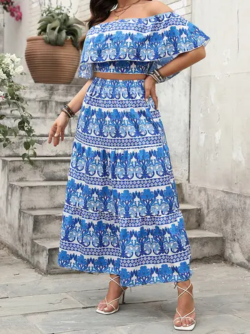 Women s Floral Print Off Shoulder Crop Top and Maxi Skirt Set for Boho Chic Summer Style
