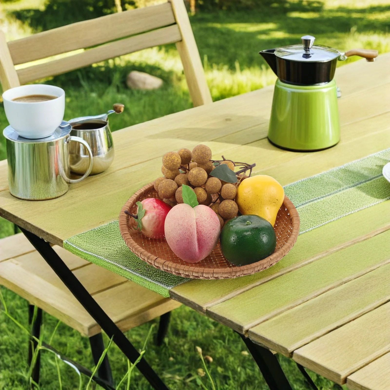 

Bamboo Woven Round Serving Tray Shallow Bread Fruit Tea Basket Kitchen Counter Display Tray Picnic Breakfast Round Serving Plate