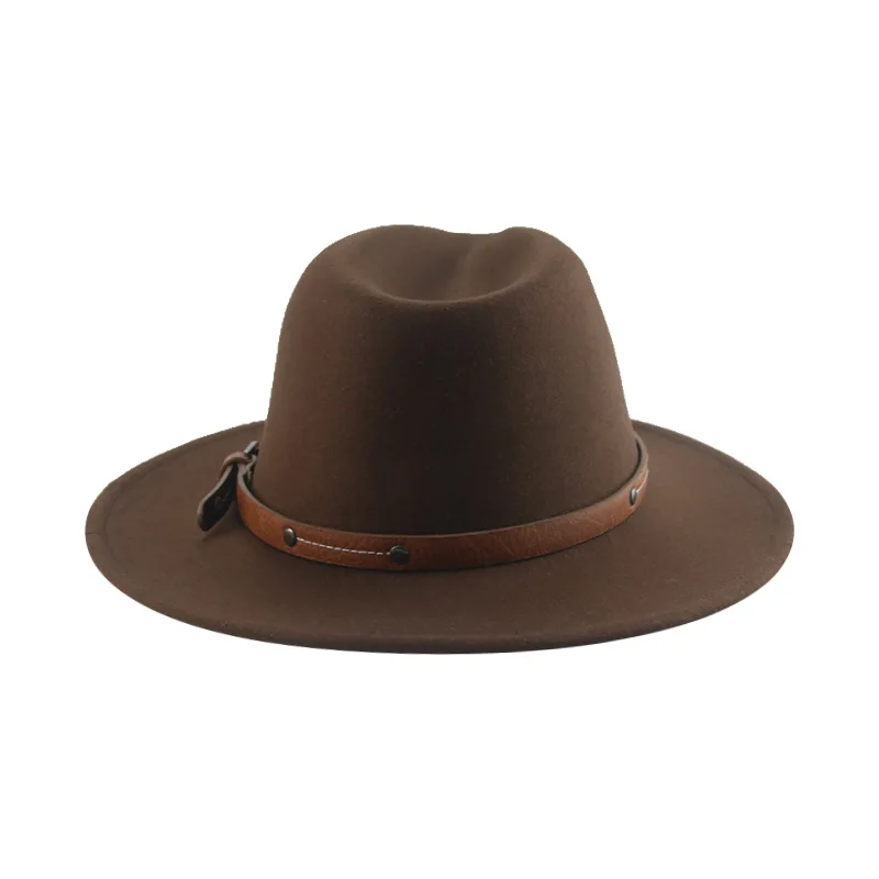 Sombrero de ala ancha de Jazz, sombrero de fieltro de piel de ala plana, Retro, Europa y América, vaquero occidental tibetano, montar a caballo, cuero cruzado