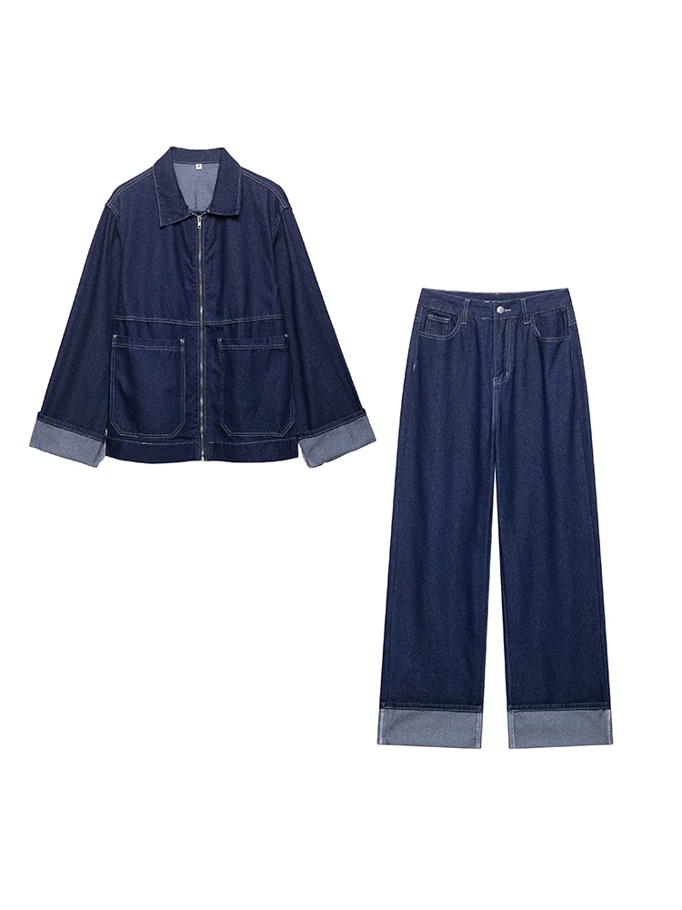 

KUCLUT Women Fashion 2 Piece Set Denim Blue Front Zipper Jackets & Vintage High Waist Trousers Feamle Chic Lady Pants Sets