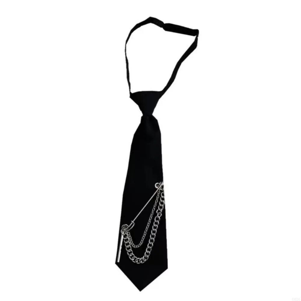 Black Pre-Tied Necktie Alloy Chain Adjustable Neck Strap Chain Necktie Safety Pin Detail Uniform Neck Tie School Uniform Styling