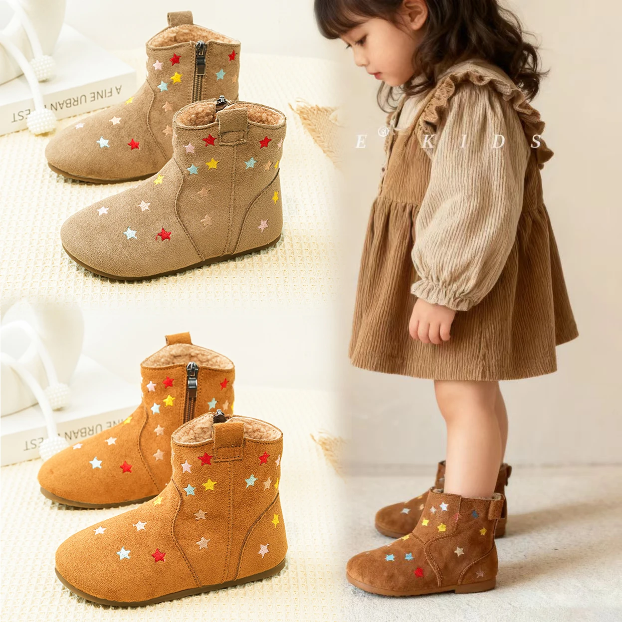 

Toddler Girls Thick Fleece Lined Leather Boots with Colorful Stars 2025 New Winter Kids Ankle Boots Non-slip Simple School Boots
