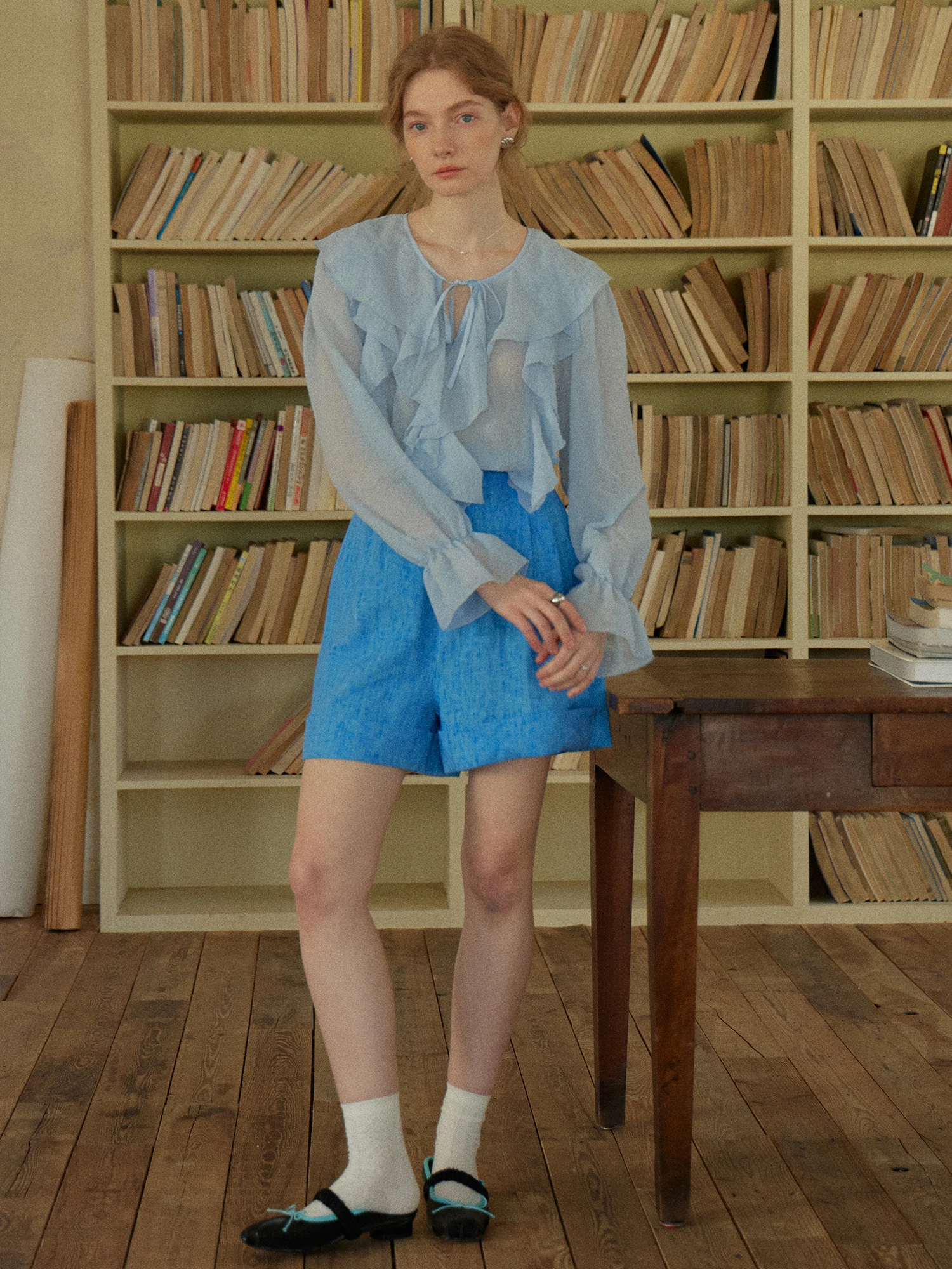 

Clean Sense Natural Linen Wide Leg Short Pants Elastic Waist Slimming Effect Spring Summer Oil Painting Blue High Waist Shorts
