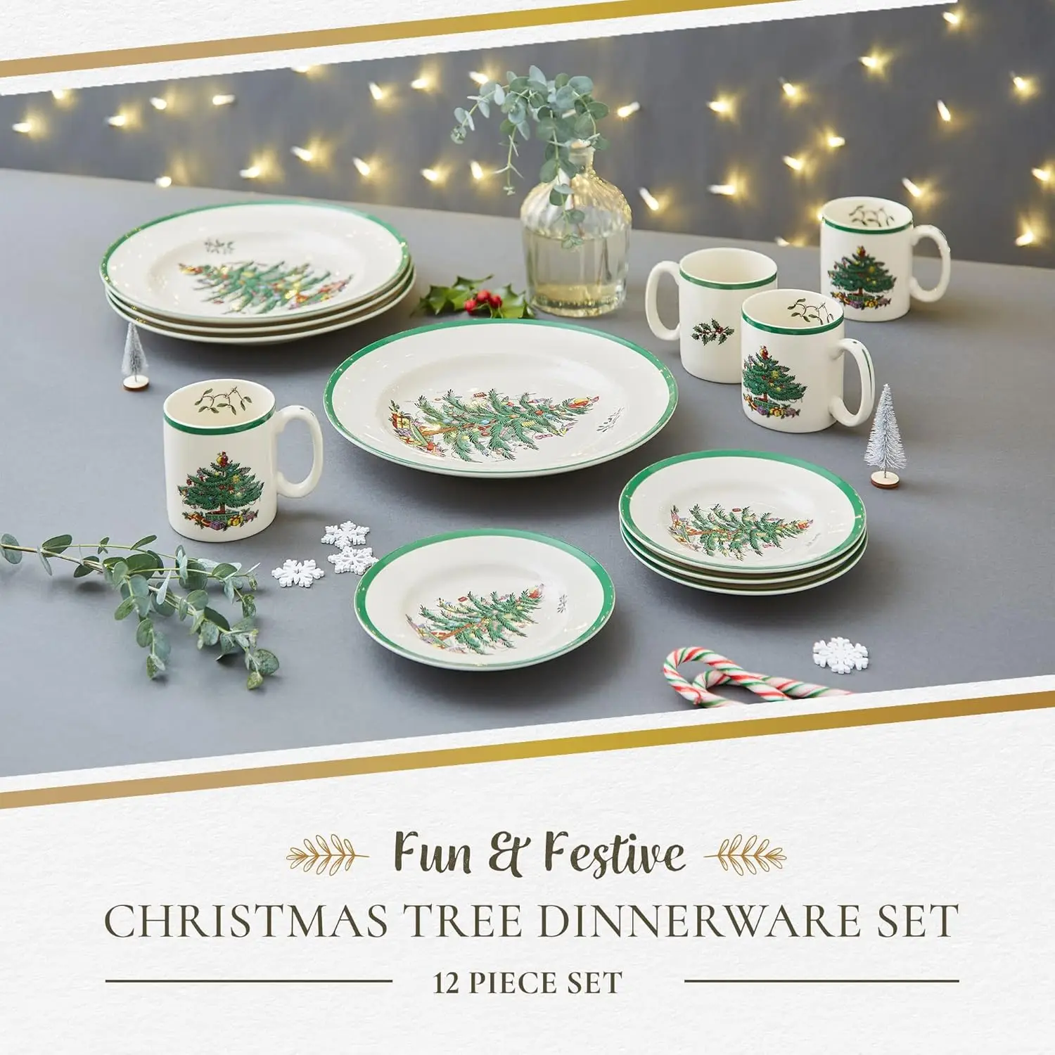 Spode Christmas Tree 12 Piece Dinnerware Set |Service for 4 |Dinner Plate, Salad Plate, and Mug | Made of Fine Earthenware | M