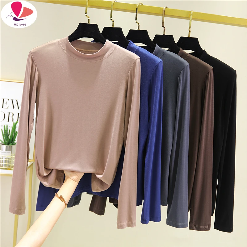 Spring Autumn Modal Bottoming Shirt Women  Long-Sleeve T Shirt Solid Color Half-Collar Slim Fit Spring O Neck T Shirts