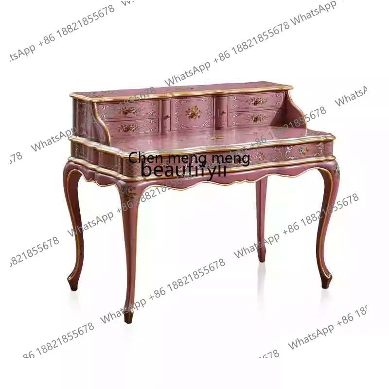 European solid wood pink makeup table bedroom gold-painted carved neoclassical villa dressing table