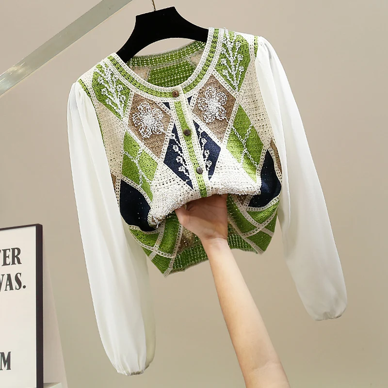 

Handmade Bead Embroidery Long Sve Knitted Top with Chiffon Sve Patchwork Youthful Design Korean Sle f High round Ne