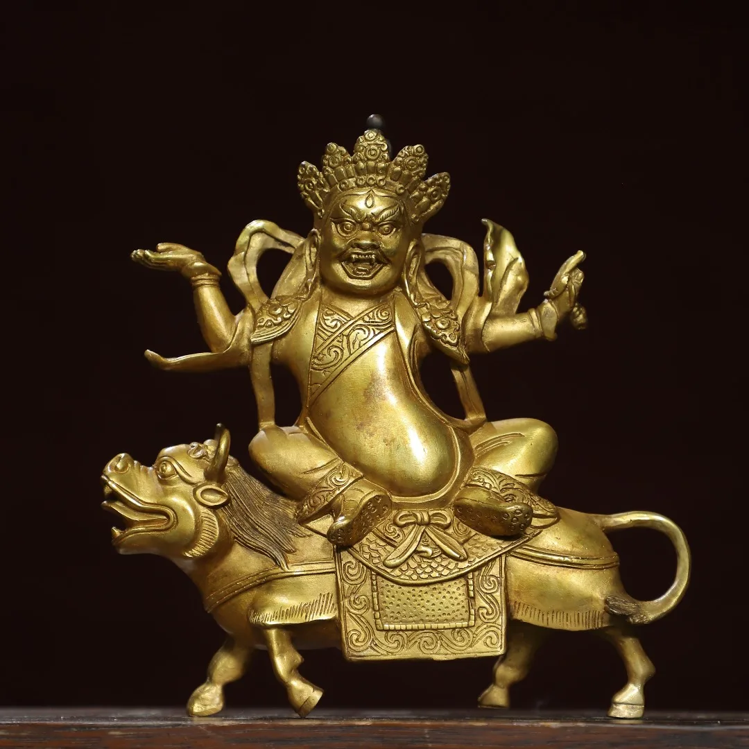 Tibetan Tantric Bronze Gilded [Black God of Wealth] Buddha Statue Size: Height 21 cm, Width 20 cm, Thickness 4 cm, Weight 1.2 kg