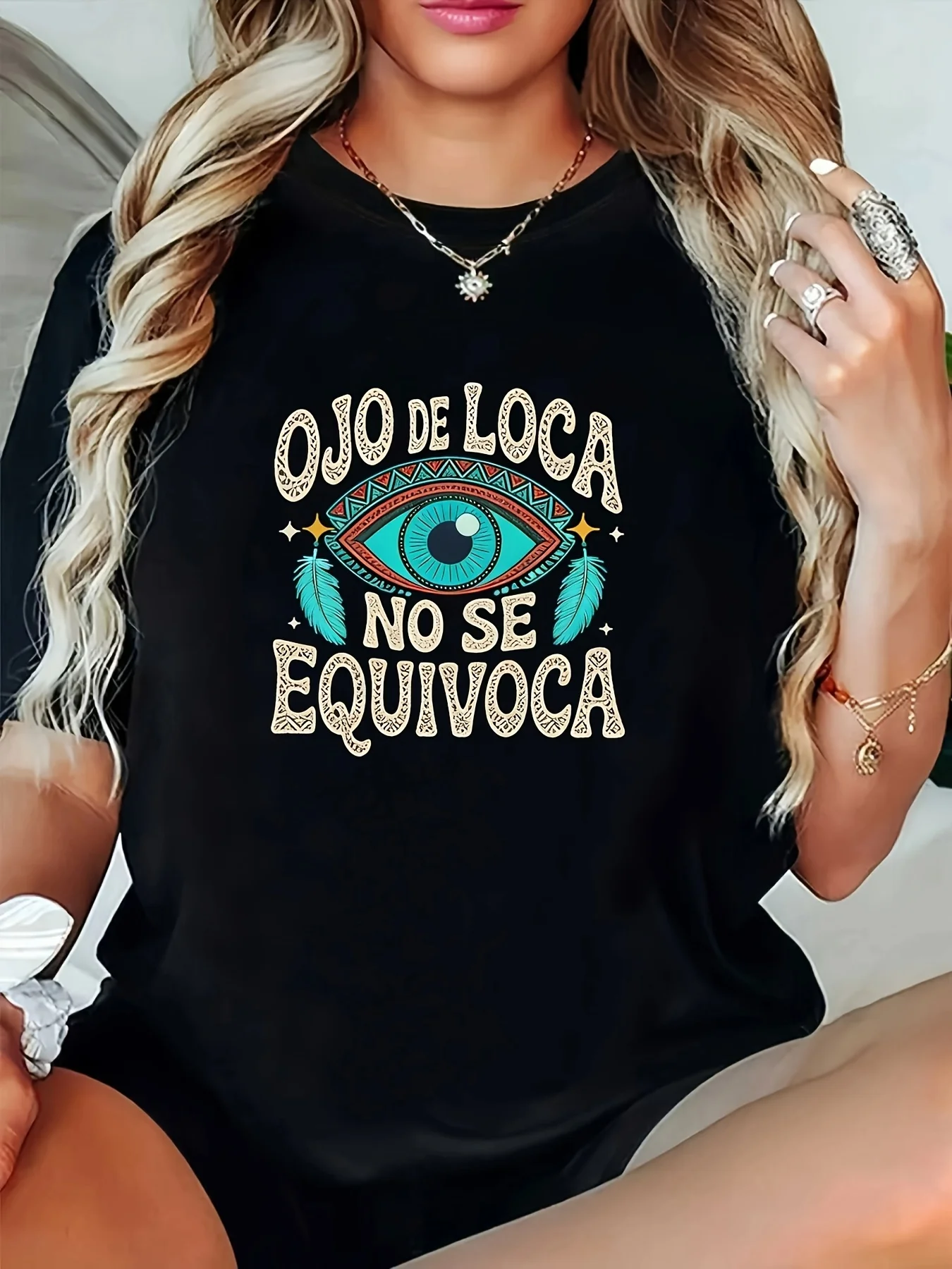 Trendy Style Featuring The Spanish Slogan OJO DE LOCA NO SE EQUIVOCA Print T-shirt Women's Casual Short Sleeve T Shirt Clothes