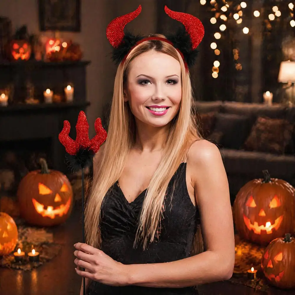 Devil Horn Headband Fluffy Feather Decoration Halloween Devil Costume Set Glitter Horn Headband Trident for Cosplay for Adults