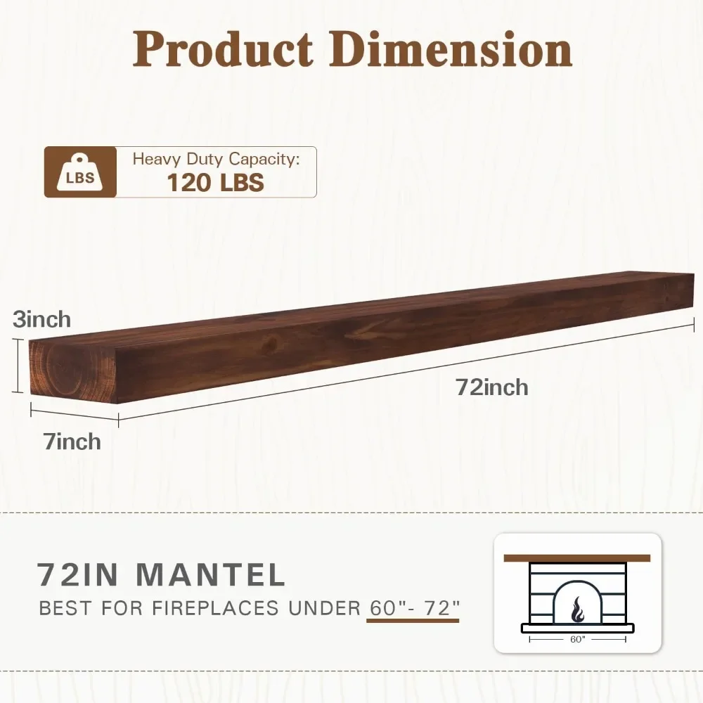 Fireplace Mantel,72 in Handcrafted Solid Mantel Shelf with Invisible Heavy Duty Metal Bracket, Floating Mantel Shelf