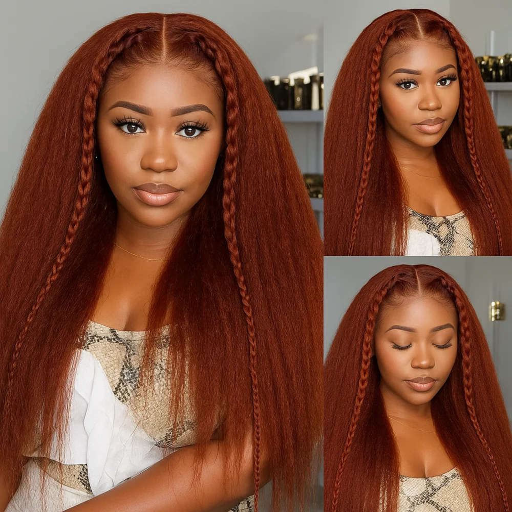 

Omber Reddish Brown Kinky Straight Human Hair Wigs 180 Density Brazilian 13x4 HD Transparent Lace Frontal Wigs Pre Cut For Women