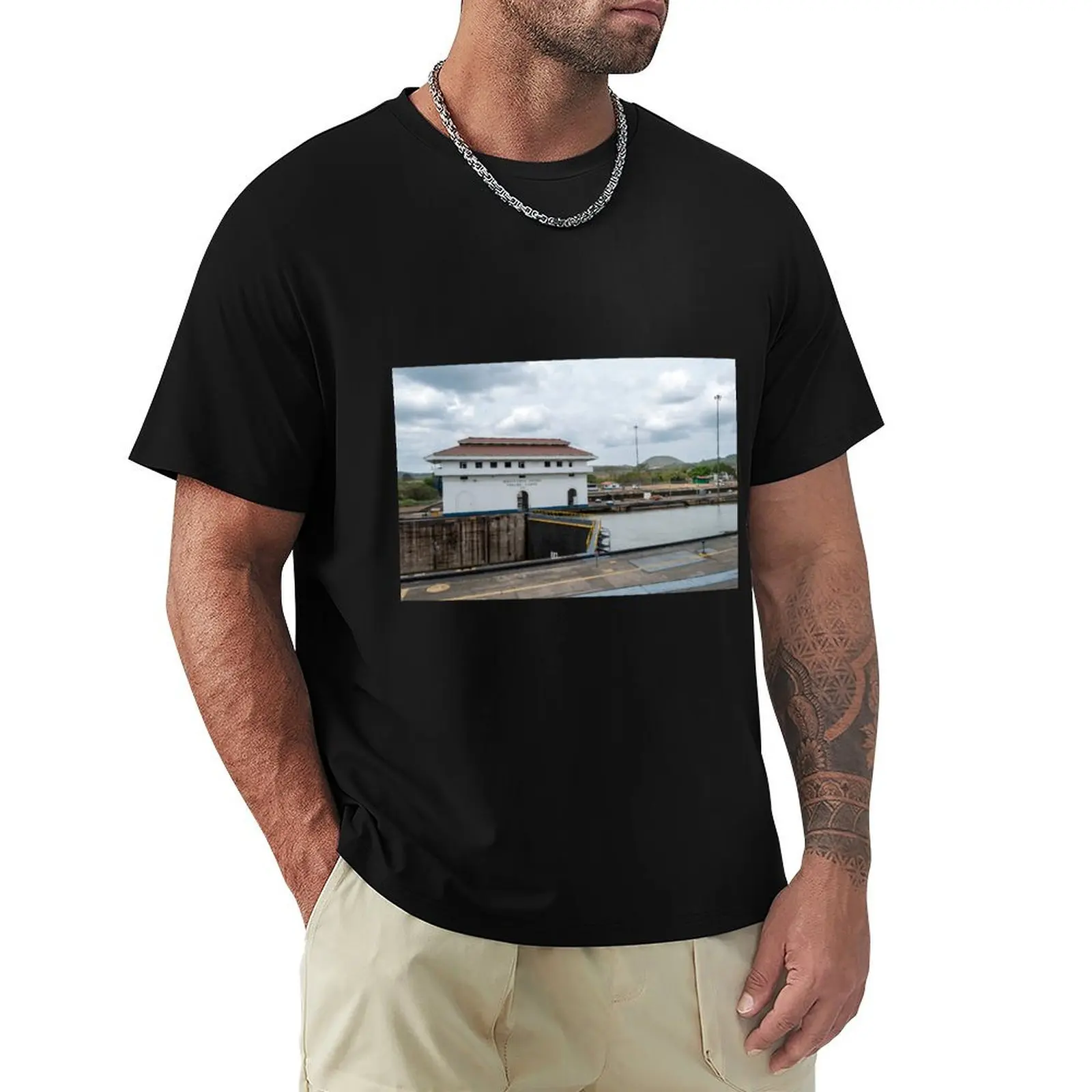 

Panama Canal, Miraflores locks. T-Shirt Basic Daily Outfit Short Sleeve Tee