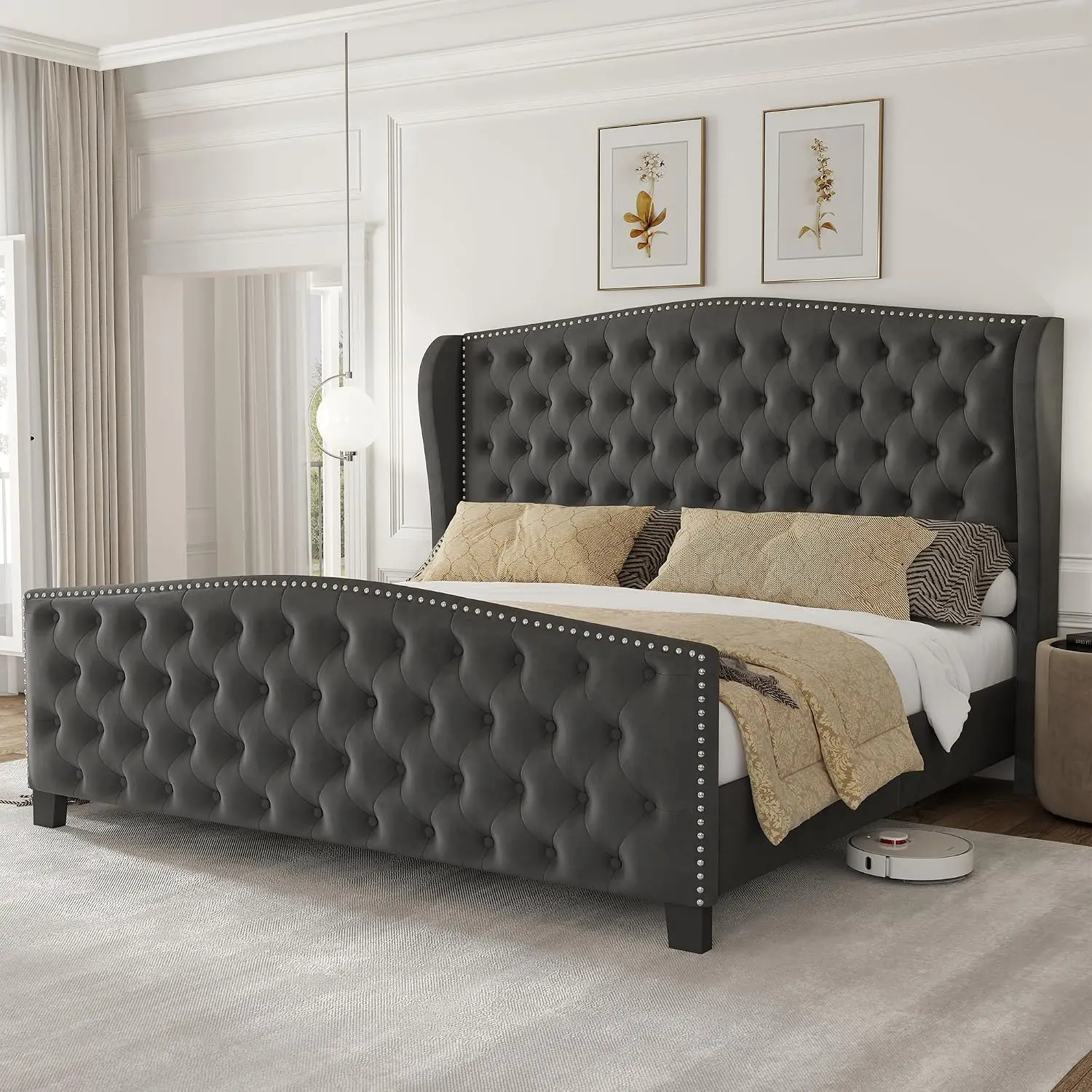 King Size Bed Frame Velvet Upholstered Platform Bed with Wingback Headboard & Footbaord, Deep Button Tufted Bed Frame with Wood