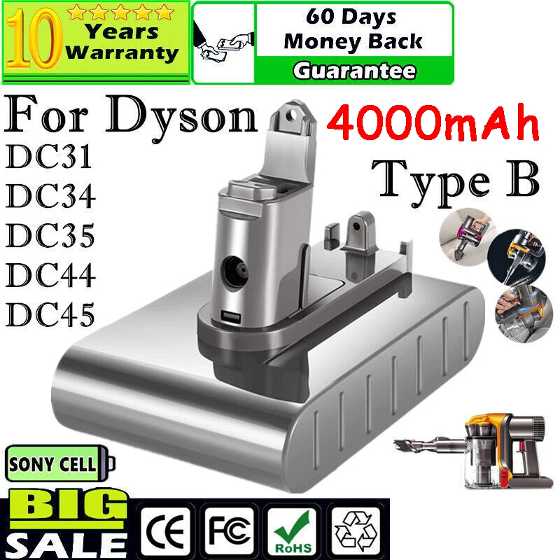 22.2V 4000mAh ( Only Fit Type B ) Li-ion Vacuum Battery for Dyson DC35, DC45 DC31, DC34, DC44, DC31 Anima