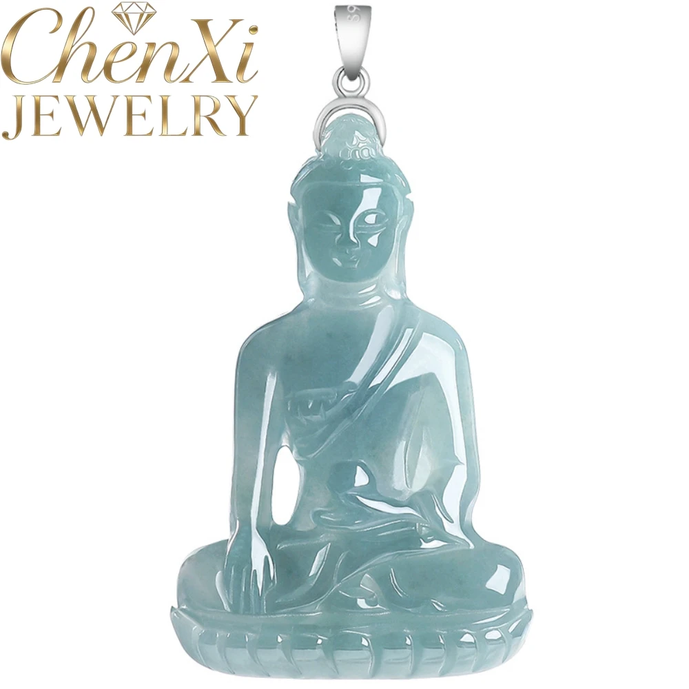 Genuine Natural Grade A Jadeite Pendant Icy Blue Water uddha Carving Necklace Polished Jewelry Fashion Daily Wear Ornament Gift