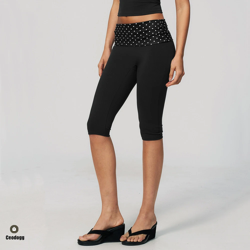 Fold Over Waist Yoga Capris Women Fitness Running Cycling Pants Breathable Sports Calf Length Pants Workout Gym Leggings XP204