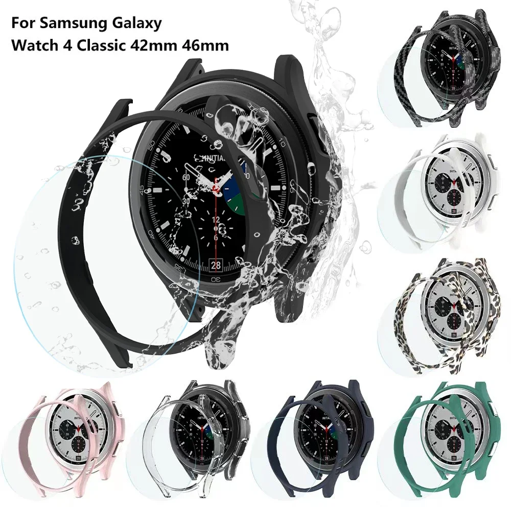 

Glass+Case for Samsung Galaxy Watch 4 Classic 42mm 46mm,PC Matte Cover All-Around Protective Bumper Shell for Galaxy Watch4